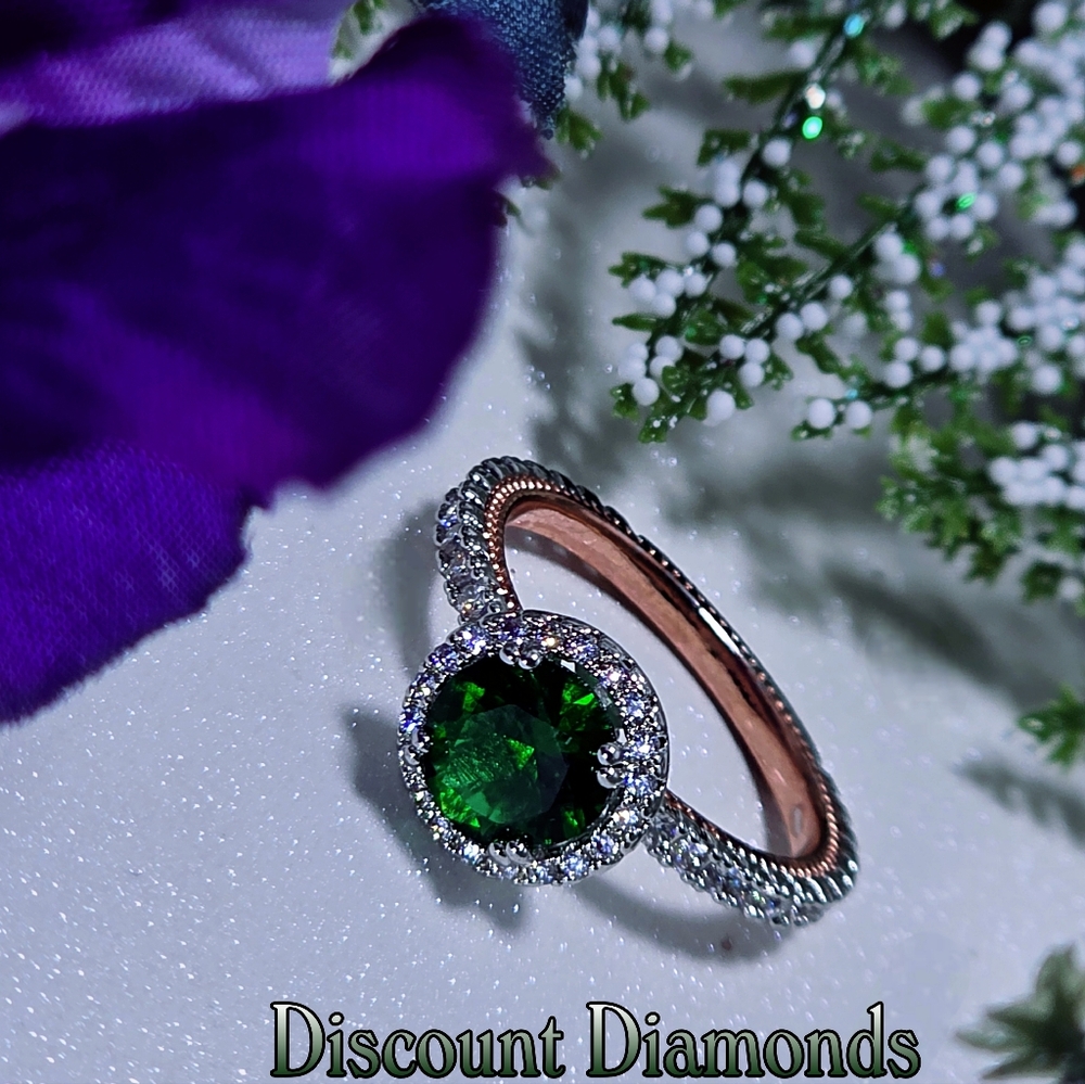 Round Cut Halo Emerald & White Baguette Diamond 14K Rose Gold on 925 Silver - Picture 3 of 9
